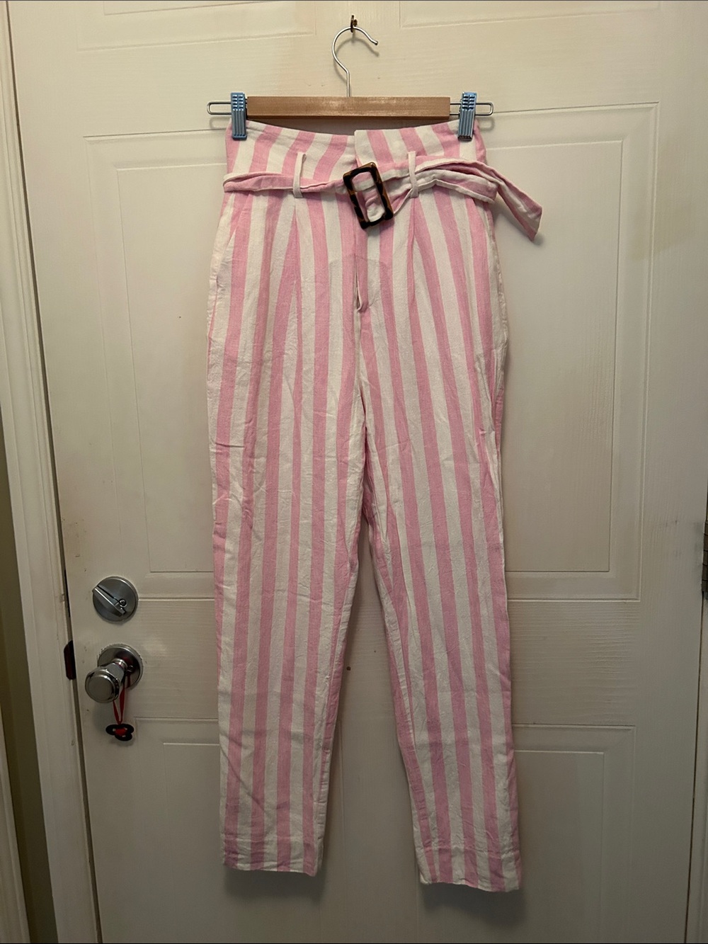 twik Pink & White Vertical-Stripe Straight-Leg Pants with Belt